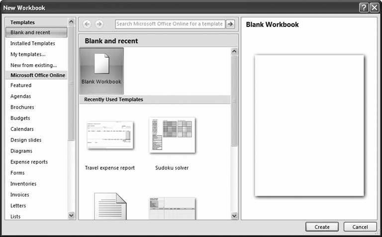 The New Workbook window lets you create a new, blank workbook. Choose Blank Workbook (in the windowâs middle section), and then click Create to get started with an empty canvas.