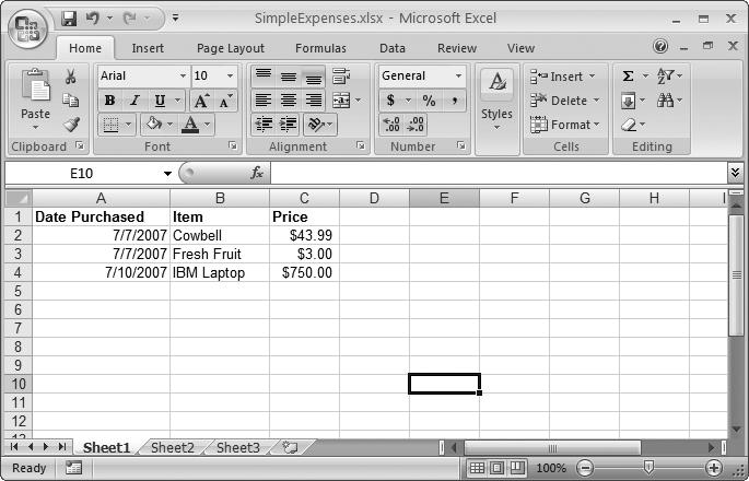 This rudimentary expense list has three items (in rows 2, 3, and 4). The alignment of each column reflects the data type (by default, numbers and dates are right-aligned, while text is leftaligned), indicating that Excel understands your date and price information.