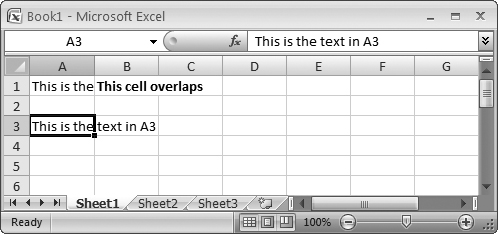 Overlapping cells can create big headaches. For example, if you type a large amount of text into A1, and then you type some text into B1, you see only part of the data in A1 on your worksheet (as shown here). The rest is hidden from view. But if, say, A3 contains a large amount of text and B3 is empty, the content in A3 is displayed over both columns, and you donât have a problem.