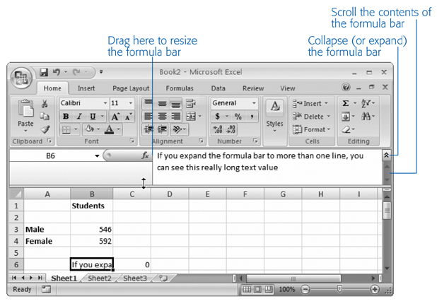 To enlarge the formula bar, click the bottom edge and pull down. You can make it two, three, four, or many more lines large. Best of all, once you get the size you want, you can use the expand/collapse button on the right side of the formula bar to quickly expand it to your preferred size and collapse it back to the single-line view.