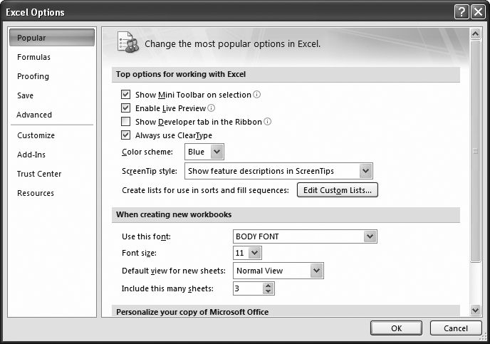 The Excel Options window is divided into nine sections. To pick which section to look at, choose an entry from the list on the left. In this example, youâre looking at the Popular settings group. In each section, the settings are further subdivided into titled groups. You may need to scroll down to find the setting you want.