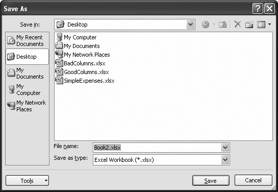 The Save As dialog box lets you jump to common folders using the big buttons on the left, or you can browse a folder tree using the drop-down âSave inâ menu. Once youâve found the folder you want, type the file name at the bottom of the window, and then pick the file type. Finally, click Save to finish the job.
