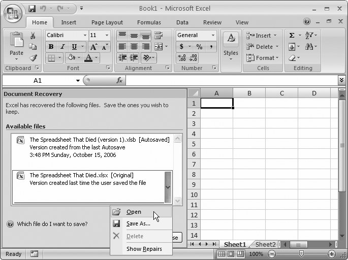 You can save or open an AutoRecover backup just as you would an ordinary Excel file; simply click the item in the list. Once youâve dealt with all the backup files, close the Document Recovery window by clicking the Close button. If you havenât saved your backup, Excel asks you at this point whether you want to save it permanently or delete the backup.