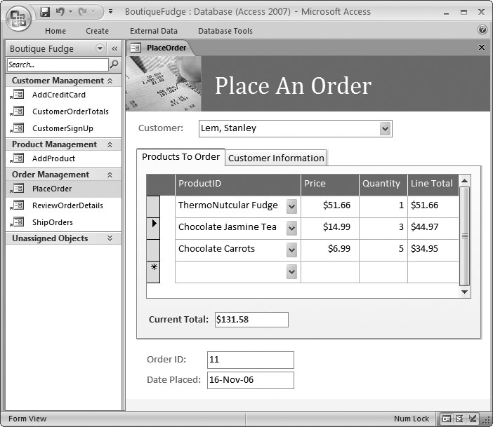 This sales database includes handy forms that sales people can use to place new orders (shown here), customer service representatives can use to sign up new customers, and warehouse staff can use to review outgoing shipments. Best of all, the people who are using the forms in the database don't need to know anything about Access. As long as a database pro (like your future self, once you've finished this book) has designed these forms, anyone can use them to enter, edit, and review data.