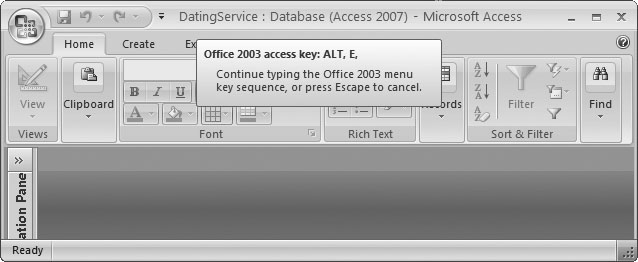 By pressing Alt+E, you've triggered the "imaginary" Edit menu. You can't actually see it (because it doesn't exist in Access 2007). However, the tooltip lets you know that Access is paying attention. You can now complete your action by pressing the next key for the menu command.