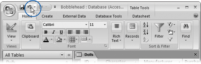 The Undo command appears in the Quick Access toolbar at the top left of the Access window (circled), so it's always available.