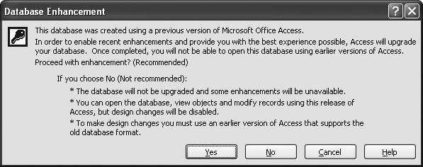 Access gives you a choice when you open a database file that was created in Access 97, 95, or 2.0. If you choose to convert the database (click Yes), Access copies the existing database into a new database file, in Access 2002-2003 format. You can then edit this copy normally. If you choose to open the database (click No), Access opens the original file without making a copy. You can still edit existing data and add new data, but you can't change the database's design.