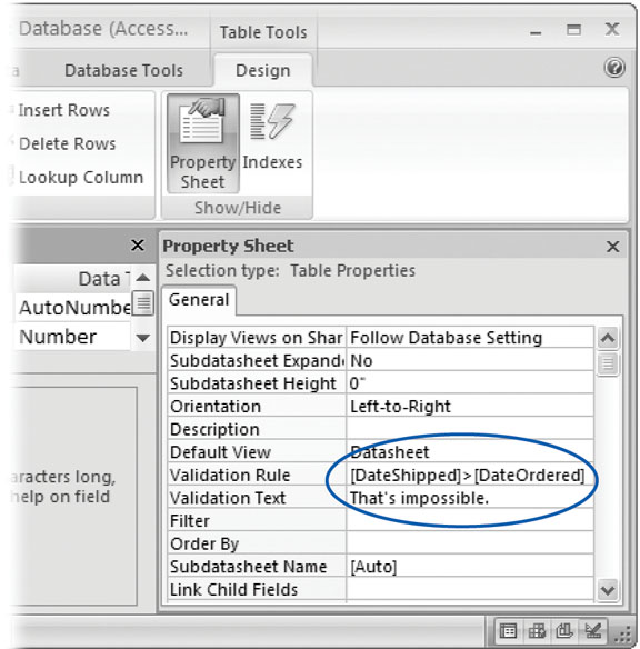 The Property Sheet shows some information about the entire table, including the sorting (Section 3.2.1) and filtering settings (Section 3.2.2) you've applied to the datasheet, and the table validation rule. Here, the validation rule prevents orders from being shipped before they're ordered.