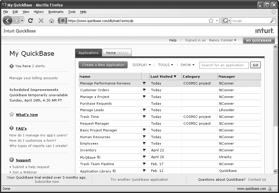 My QuickBase is the page you see when you sign into QuickBase. The Applications tab, shown here, displays a list of the applications you’ve opened most recently. This tab also offers a Search box so you can find a particular application. The Home tab shows up to 10 items: up to six reports, which you choose from all your applications, as well as text boxes for to-do lists, reminders, links to other Web pages, and more.