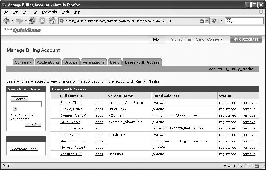 The Users with Access tab on the Manage Billing Account page gives you the lowdown on QuickBase users who have access to your account. Click a name in the Full Name column to send that user an email through QuickBase. Click “apps” to see a list of the applications a user currently has access to. The Status column tells you whether or not a user has registered with QuickBase. Click “remove” to deny a user access to applications in this account or to remove the user from any groups he belongs to.