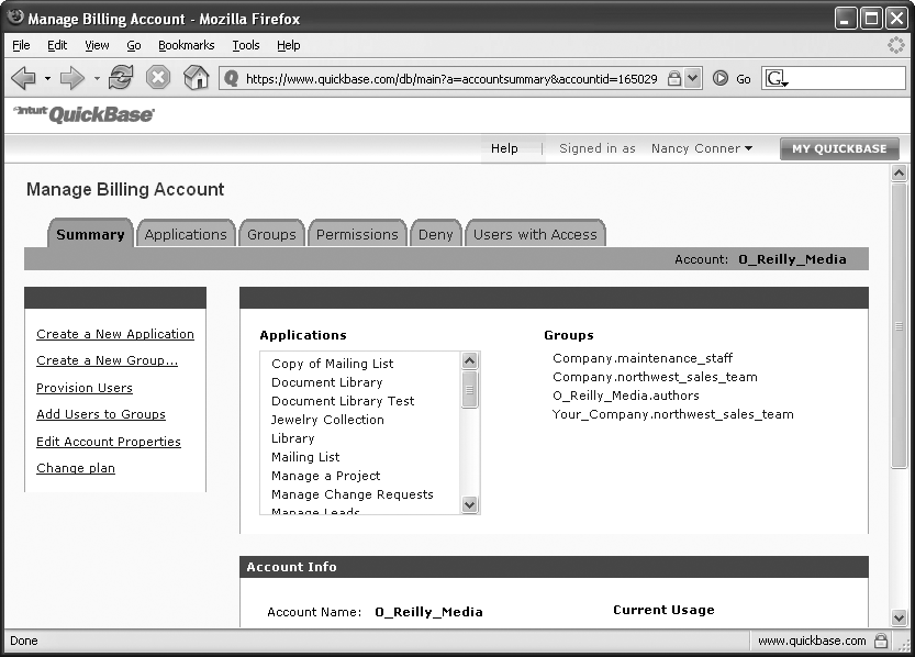 If you’re the billing account administrator for your organization’s QuickBase account, you carry out your high-level account management duties on this page. Click one of the six tabs along the top of the page to (from left to right) get a snapshot of the account, manage applications, manage groups, manage users by setting their privileges, deny certain users access to certain applications, or see which applications a particular user has access to. Each tab has a left-hand menu that lets you select among common actions related to that tab.