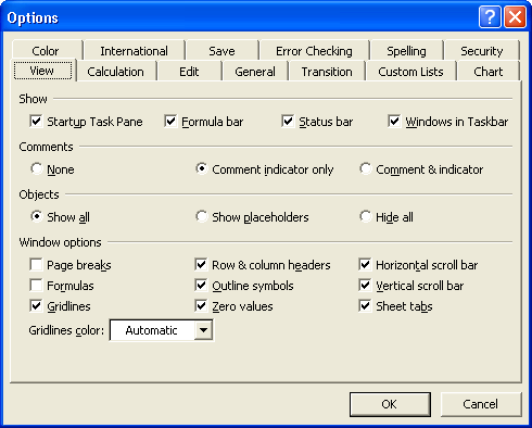 The View tab, the General tab, and the Color tab in the Options dialog box control the appearance of your workbook.