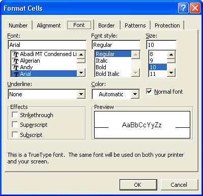 On the Font tab you can assign typefaces, character styles, sizes, colors, and effects to your cell entries.