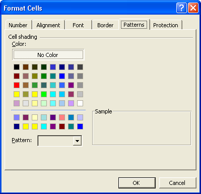 Using the Patterns tab, you can select colors and patterns for cell backgrounds.