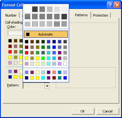 The Pattern list offers both patterns and colors for those patterns.