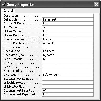 The property sheet for select queries.