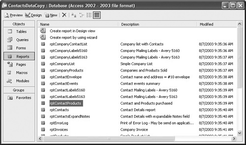 The Reports list in the Database window.