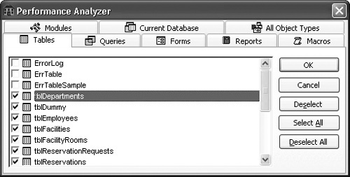 The main selection window of the Performance Analyzer Wizard.