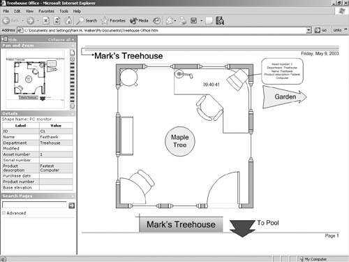 Visio creates a Web page from your diagram that includes the shapes’ custom properties. You can pan the drawing with the scroll bars, change the zoom level, and use the shapes’ hyperlinks.