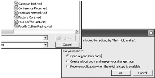 If you open a file that someone else has opened, Visio asks whether you want to open a read-only copy.