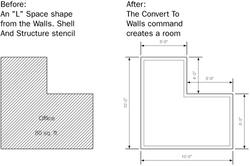 You can easily convert a space shape into walls and even add dimension lines, as shown here, guides, and other options.