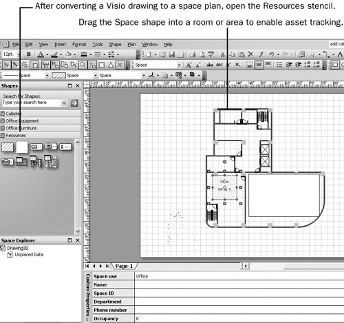 Visio tracks information in a floor plan by space, which is actually a separate shape that includes the custom properties used in associating resources with a location.