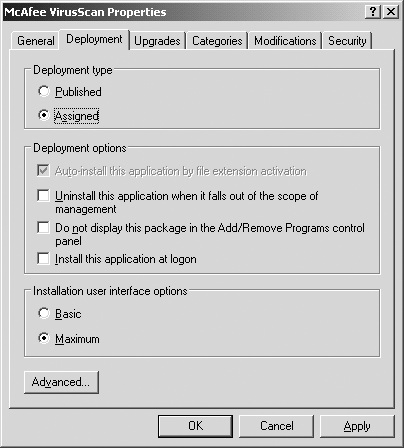 Modifying the deployment properties for a software package.