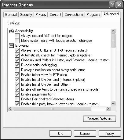 In the Internet Options dialog box, the Advanced tab contains a long list of Internet Explorer customization settings.