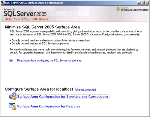 SQL Server 2005 Surface Area Configuration main window