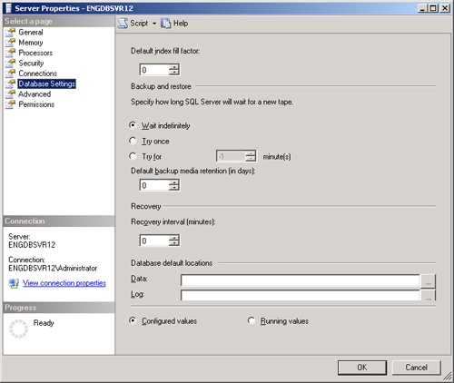 The Database Settings page of the Server Properties dialog box