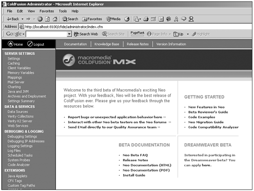 Main page of the ColdFusion MX Administrator.