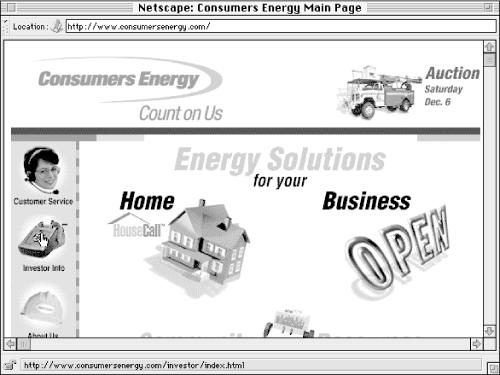 In this example, the cursor is positioned over the Investor Info button. The prospective view window at the bottom shows the URL of the Investor Info page.