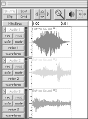 A multitrack session in Pro Tools of a button sound effect comprised of three audio texture layers