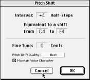 The Pitch Shift window in SoundEdit 16 set to +4 half-steps with âmaintain voice characterâ or âtime correctionâ on