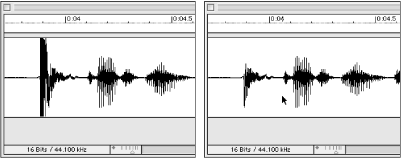 A waveform spike in an audio file (left) and the fixed file with the spike deleted (right)