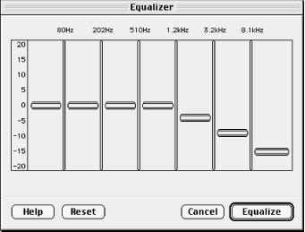 The Equalization reduction process allows you to use the equalizer to cut or decrease frequencies of a particular sound. In this example, the frequencies are reduced in the 1.2, 3.2, and 8.1 kHz frequency range.