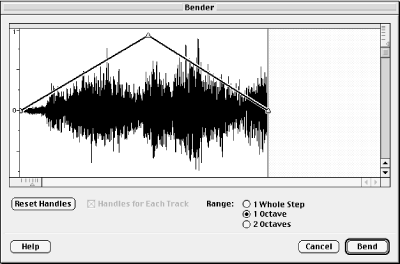 The bender effect, often used for cartoon sounds, changes the pitch up then down 1 octave across the selected region.
