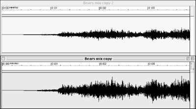 The top audio file represents the audio waveform before normalization and the bottom waveform represents the audio file after normalization (set to 95% or -3dB below 0).
