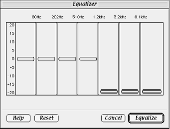 The Equalizer window allows you to reduce or cut-off high-end frequencies with the 1.2, 3.2, and 8.1 kHz faders.