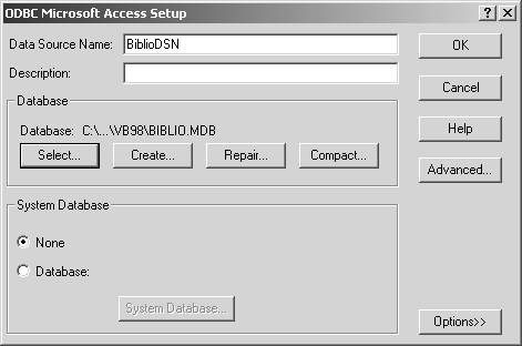 The ODBC Microsoft Access Setup dialog box