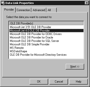 The Provider tab of the Data Link Properties dialog box
