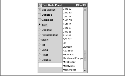 A mode panel with a list box for encodings