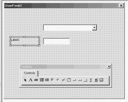 A newly created UserForm with several controls
