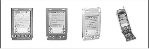 Differences in physical design of Palm OS handhelds (from left to right): PalmPilot, Palm III, Symbol SPT 1500, and Qualcomm pdQ