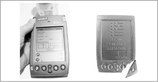 The Symbol SPT 1500 (left) adds a barcode scanner to the top of a Palm III. It’s somewhat more functional than the never-released chocolate PalmPilot (right).