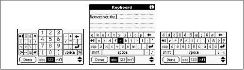 The onscreen keyboard offers three different screens full of symbols. Tap one of the three buttons as shown to switch among the panels.