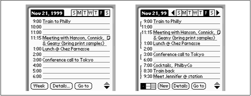 The Date Book shows the day’s events in day-at-a-glance format. At right, the time-compression feature at work. (Original Pilot models lack the ability to hide empty lines.)