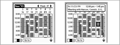 In week view (left), the dark blocks represent times that you’re busy. Tap one of the gray blocks to see what you’re supposed To Do (top right).