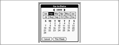 Only on the Go to Date screen is time travel a reality. If you decide not to change the date displayed, tap Cancel ; if you’ve been viewing some date in the past or future, tap This Week to return to the week display for today’s date.