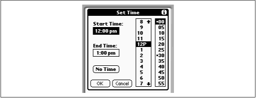 In this box, tap inside the Start Time or End Time box, and then select a time by tapping first in the hours column and then in the minutes column. (Tap the small up- and down-arrow buttons to scroll the list of hours.) No, you can’t make an appointment for 3:33 —only five-minute time slots are available.